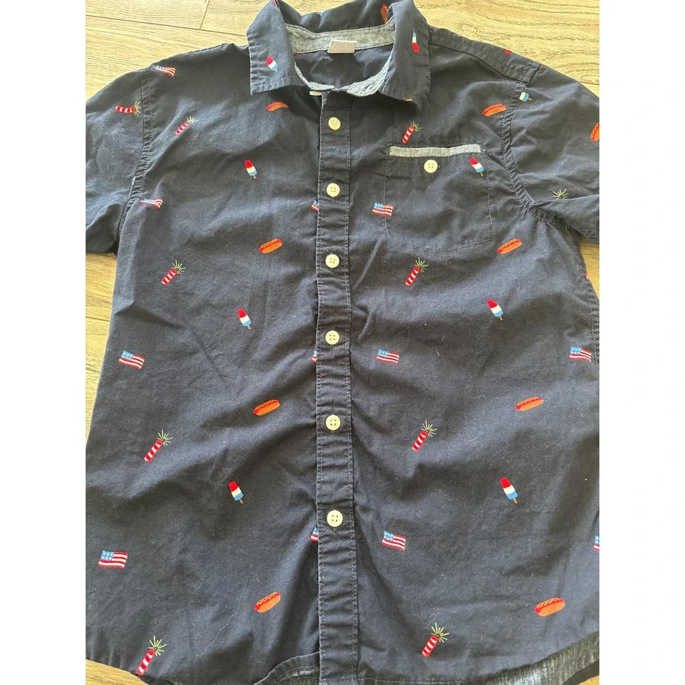 Gymboree Boys Navy Blue Americana All Over Print Button Down Shirt Size L 10-12